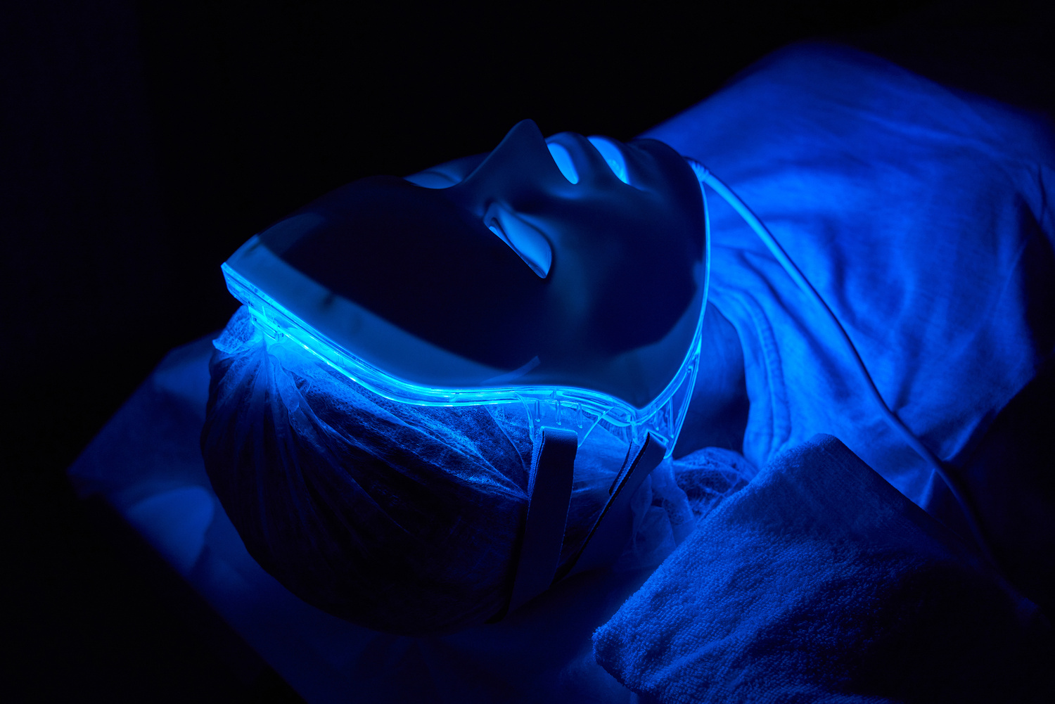 Photon Mask. Health and Beauty. Cosmetic Procedure for Woman Face. Beauty Laboratory. LED Facial Mask, Photon Therapy.